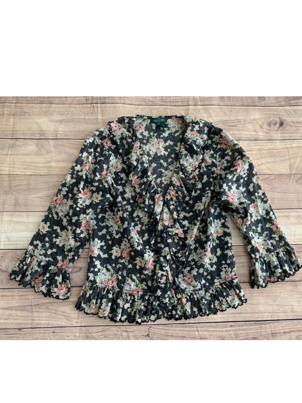 Y2k LRL Lauren Ralph Lauren Black Floral Ruffle Blouse Shirt Top Sz Xs